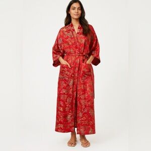Vintage Solz Squirrel Red Brocade Kimono Robe Women’s L Long Satin Belted new